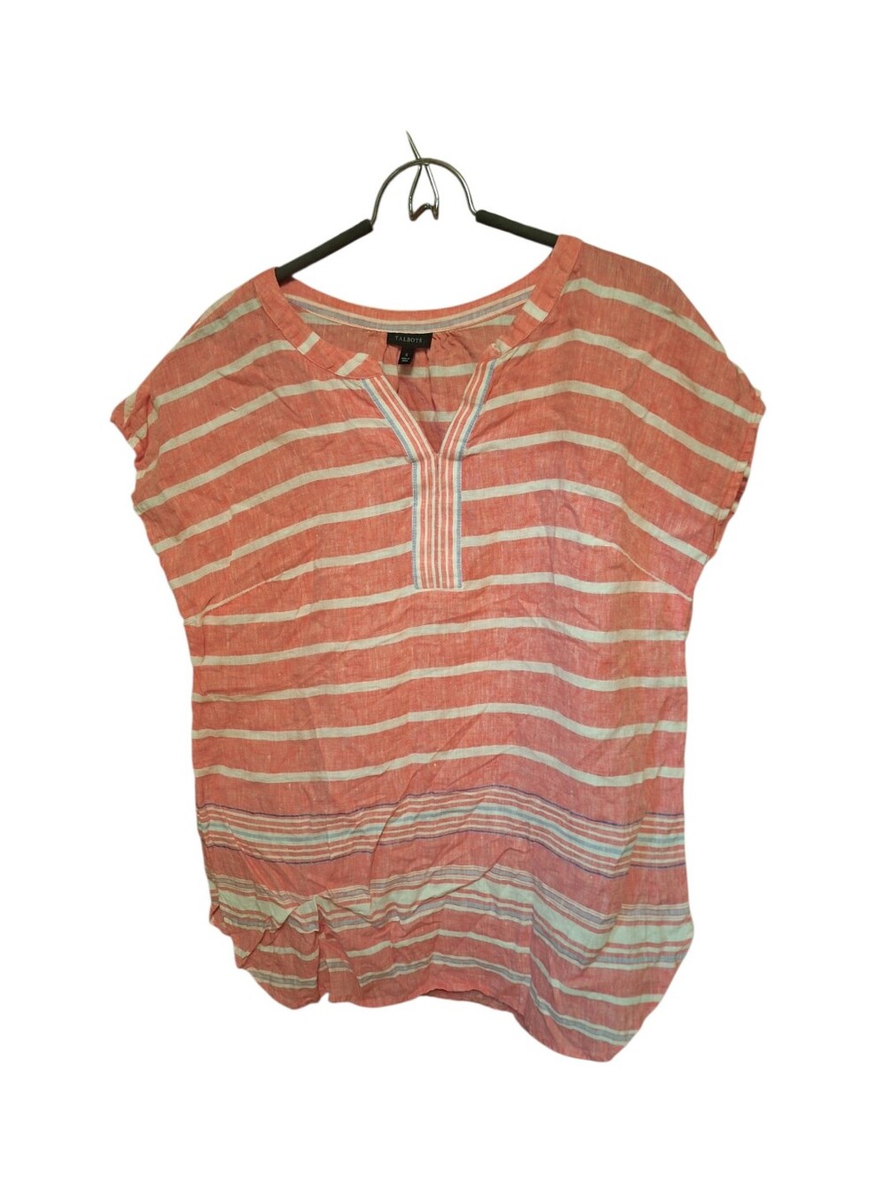 Talbots 100% Linen Pink Striped Pullover Tunic Top Ladies Small Beachy Vacation